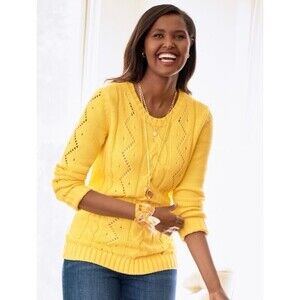 Talbots Bright Yellow Cable Knit Cotton Sweater Women’s Preppy Golf Tennis M